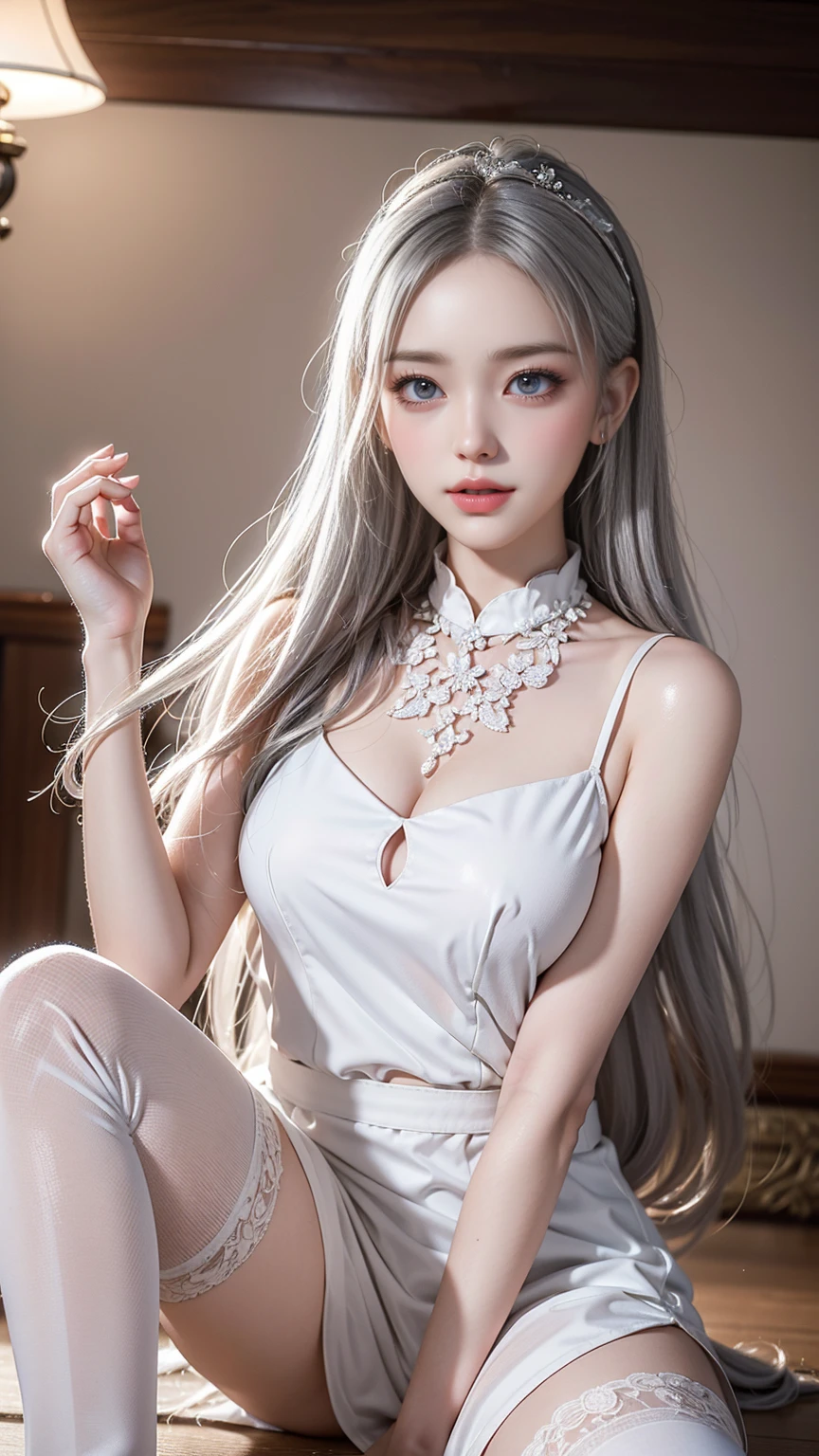 nsfw,8k,POV,SUZU,ultra-detailed,best quality, masterpiece, ultra high res, (realistic:1.4), RAW photo,looking at viewer,blue eyes:1.5,white hair:1.5,,flat chest,short stature:1.5,(((Cute face))),,pale skin,,輝く目:1.3,,(front angle:1.2),from bottom:1.6,,low angle full body shot,(see-through  halter-neck blouse),,front view:1.5,Super detailed beautiful eyes,turn to face the front:1.8,show nipple
