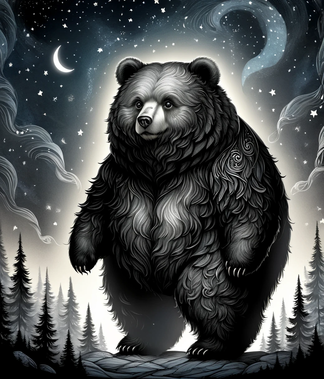 (cute, chubby, male, bear), DonMN0c7urn4l1nkXL nocturnal ink, adorable, magical, fantasy, hires textures, highly detailed, intricate details, best quality, masterpiece