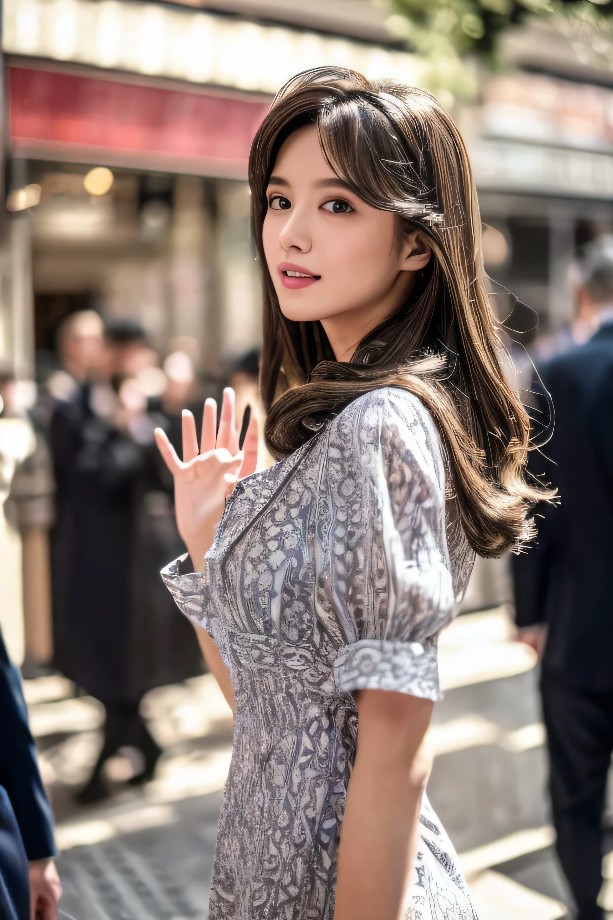 Depth of Field, Upper Body, Slender, Cute Face, Big Smile, Beautiful Detail Eyes, No False Eyelashes, Natural Eyelashes, 18 Years Japan Person, (Chateau de Versailles, Pisa Baptistery Of St. John background, Flowers,navel,crowd),Cute, Warm Brown Voluminous Curls,blouse