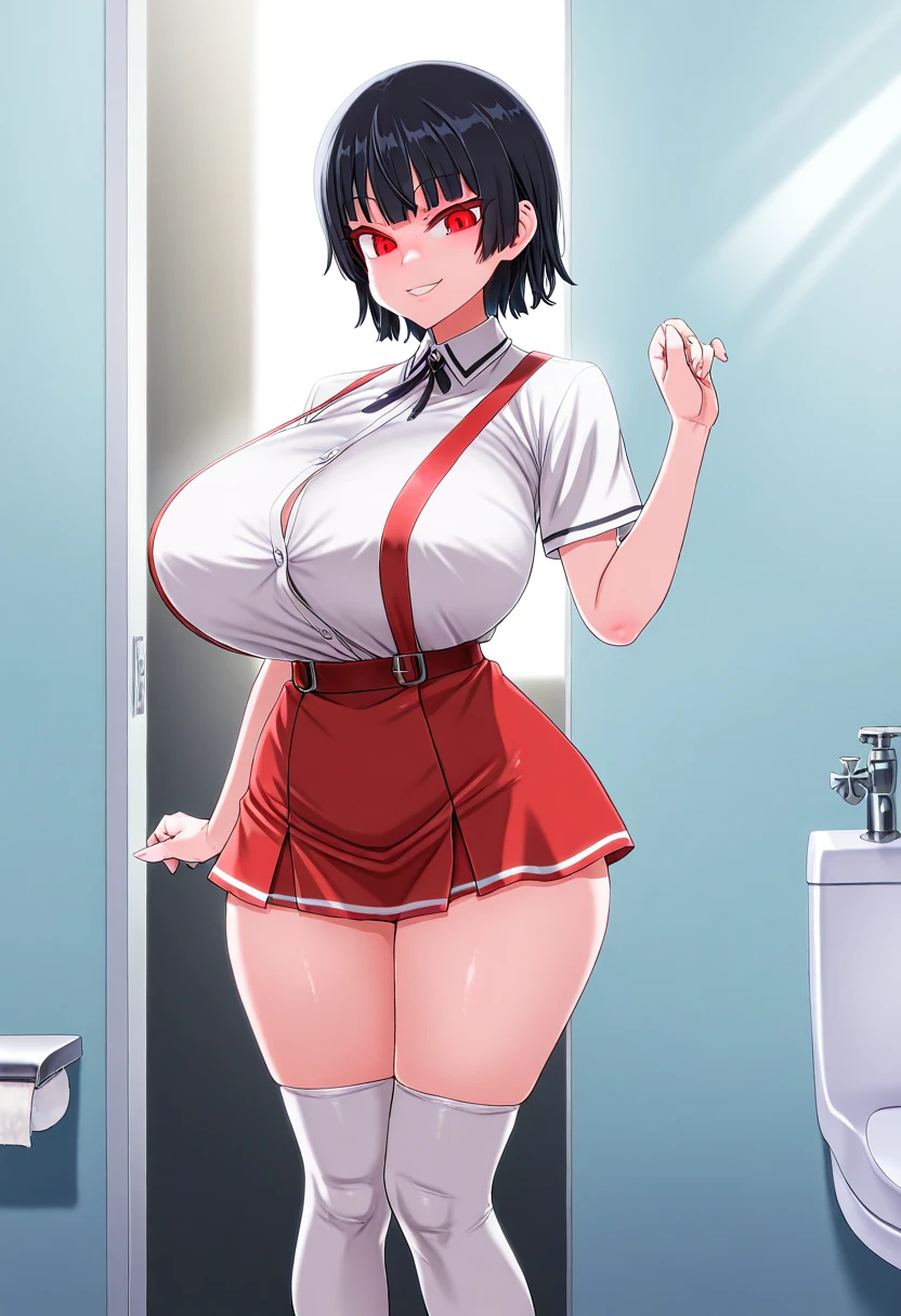 ((1 girl)), ((solo)), ((small height)), (dimly lit bathroom), black hair, short hair, straight bangs, red eyes, smile, white shirt, white Highsocks, red Suspender skirt, miniskirt, asanagi, ((huge breasts)), sexy body, good quality, (masterpiece), (no hair decoration), (no ribbon), ((dark lighting))