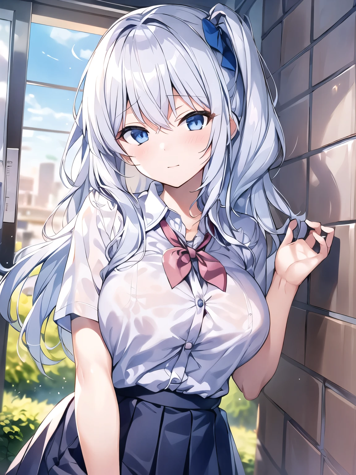 Top Quality Masterpiece High Resolution Tsukiyuki Miyako, White Hair, Blue Eyes, White Shirt, Collared Shirt, Blushing Love, Melody, Delle, Half Up Side Tail, Short Sleeve Skirt, Beautiful Girl, Junior, Cool, Moderate Breasts