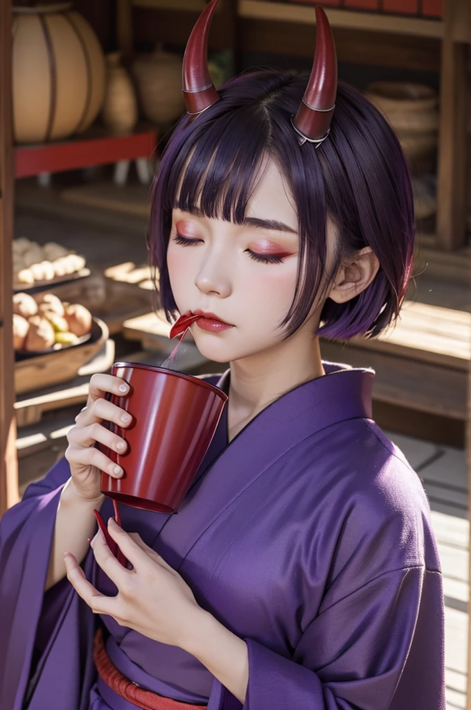 a man with horns holding a red container of food to his face, 1girl, shuten douji (fate), solo, horns, japanese clothes, short hair, oni horns, kimono, purple hair, cup, closed eyes, sakazuki, oni, skin-covered horns, purple kimono, makeup, sash