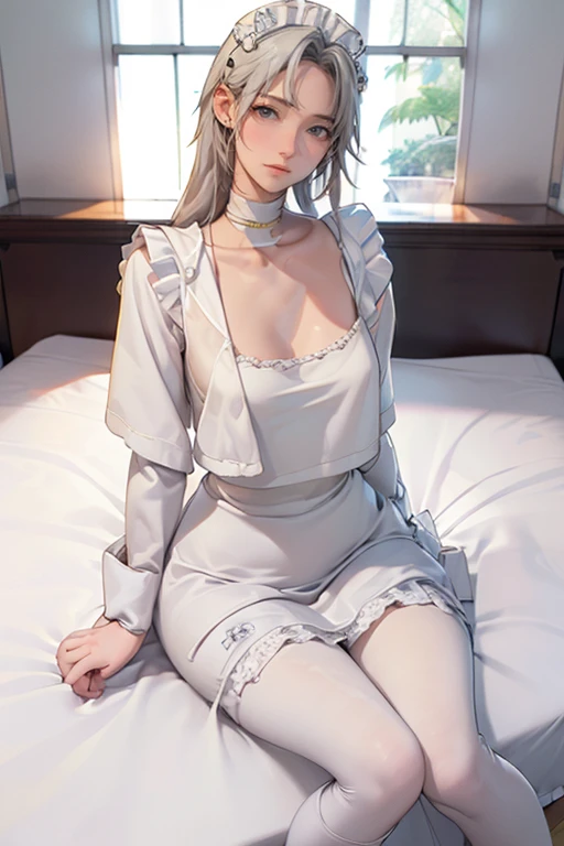 Character Details:, - Gender: 1 Girl. - Style: Anime, - Body Type: Attractive body, nice body, nice legs, slim tights, nice arms, nice shoulders. - : (medium :1.2)- Facial Feature: Beautiful, Gorgeous, Teenager, Fresh, Young. - Expression: Small smile, Shy Look, emerald green eyes. - Hairstyle: Blunt Bangs. - Hair Color: (White Grey Hair:1.5), (Straight and Wavy Long Hair:1.3), - Clothing: (Luxury Shirt, Open Sleeves, Can see shoulder, Skirt:1.6, Stocking.). - Body Pose: (Sitting on bed:1.3), (Hands down).. - Behaviour: Waiting, Want Something, Secretly. - Accessories: Earrings, thin Black Headband, Green Hair Accessories, Environmental Details:, - Setting: Bed Room., - Lighting: Natural Light., - Decoration: Modern Bed, Chair, Window, White Curtain, City View. Top view. pov, anime style, UHD, retina, masterpiece, accurate, anatomically correct, textured skin.