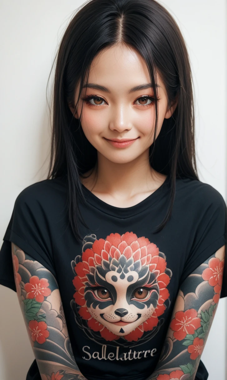 score_9, score_8_up, score_7_up, r1s0, 1girl, japanese girl, gentle smile, brown eyes, whole body tattoo, traditional japanese tattoo, detail face, black hair, charming girl, sweet face, black underarm sleeve t-shirt, beautiful eyes