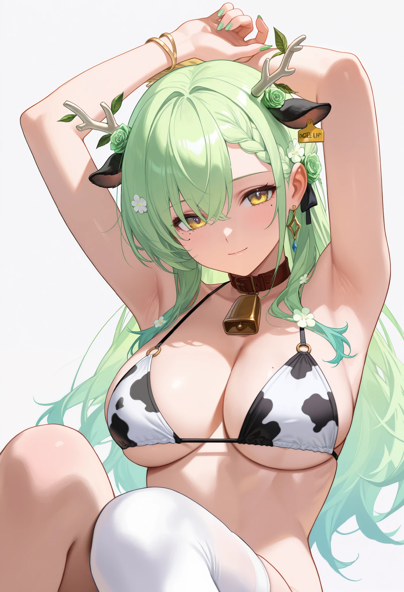 (masterpiece, best quality, high quality, highres, ultra-detailed), 1girl,  source anime, 1girl, solo, cow priny bikini, long hair, antlers, cow ears, braided bangs,  jewelry, white thighhighs, single thighhigh, green nails, mole under eye, light smile, milf, green rose, upper body, arms up, armpit focus, simple background
