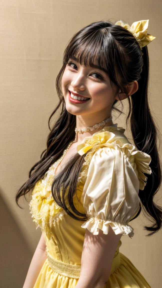 (realistic, photo-realistic:1.2), (masterpiece, best quality), high resolution photograph, extremely detailed, intricate details, sharp details, sharp focus, professional lighting, solo, 1girl, a 19 year old Japanese female idol, full body, slim body, tiny breasts, (princess dress, frilly yellow dress, puff sleeves, yellow ribbon,choker, jewelry), ankle strap heel-sandals, pale skin, fine-textured skin, shiny skin, (dark hair, shiny hair, pigtails hair, straight hair, blunt bangs, hair scrunchie:1.2), (beautiful detailed face, extremely detailed eyes, beautiful detailed nose, beautiful pupils), (cheerful grin), (standing leaning forward, face focus), photo background, indoors, outdoors, blue sky and clouds,,,