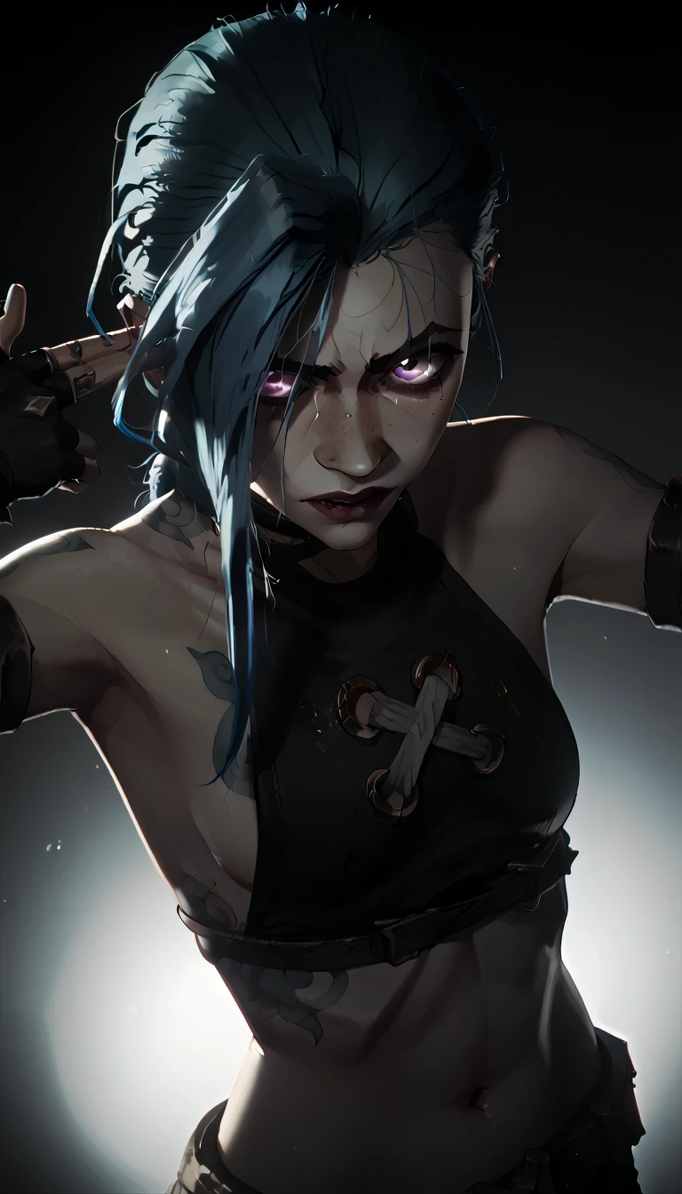 Jinx from arcane. Purple Jinx eyes, jinx tattoos. Finger gun pose. A grim face
