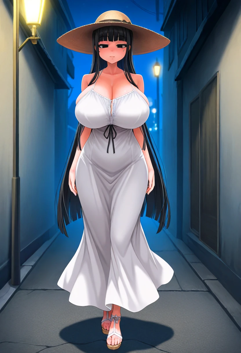 ((1 girl)), solo, ((tall girl)), ((Eight Feet Tall)), Hasshakusama, black hair, long hair, hime cut, black eyes, Round eyes, half-closed eyes, tareme, longeyelashes, mole under left eye, calm, asanagi, ((huge breasts)), wide-brimmed hat, ((white summer dress)), sexy body, good quality, (masterpiece), dark_fantasy, night,street lamp, alley, street,