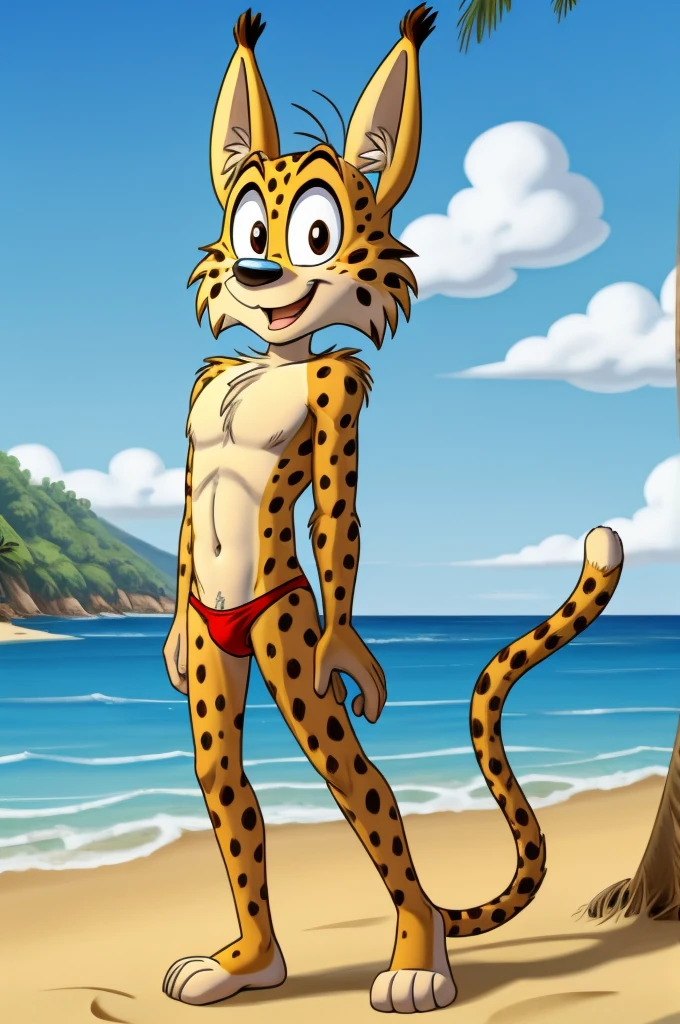 Lynx cartoon guy full length slim skinny in red speedo on the beach with a happy face striped tail