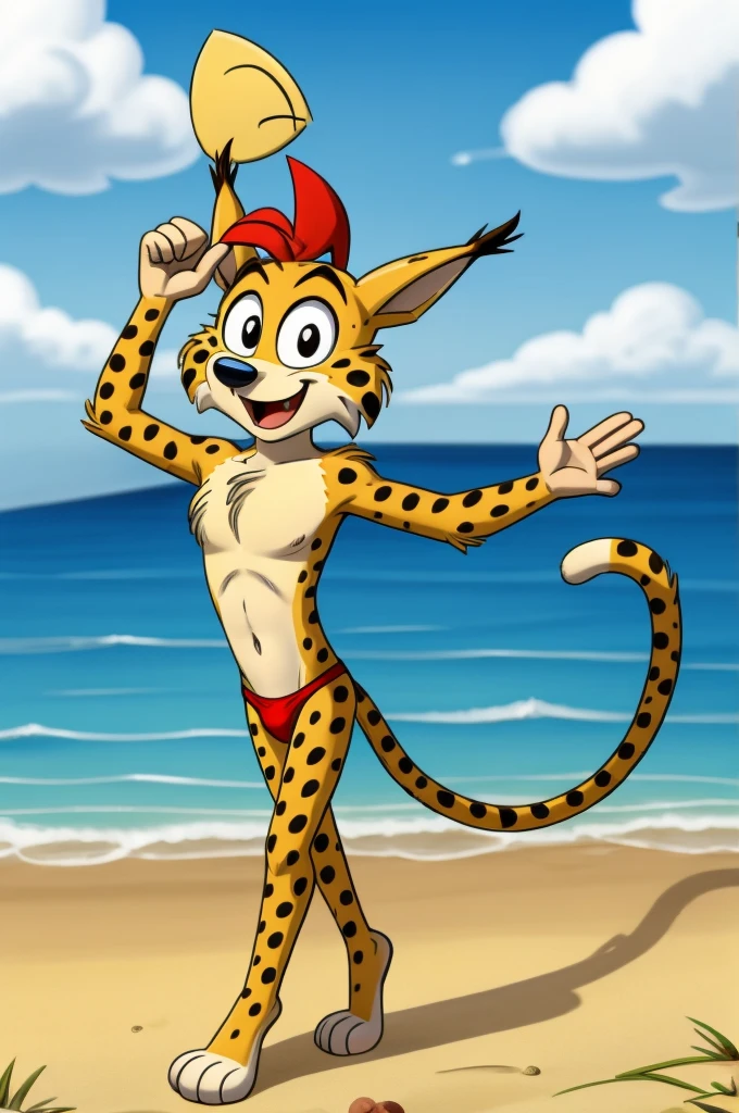 Lynx cartoon guy full length slim skinny in red speedo on the beach with a happy face striped tail