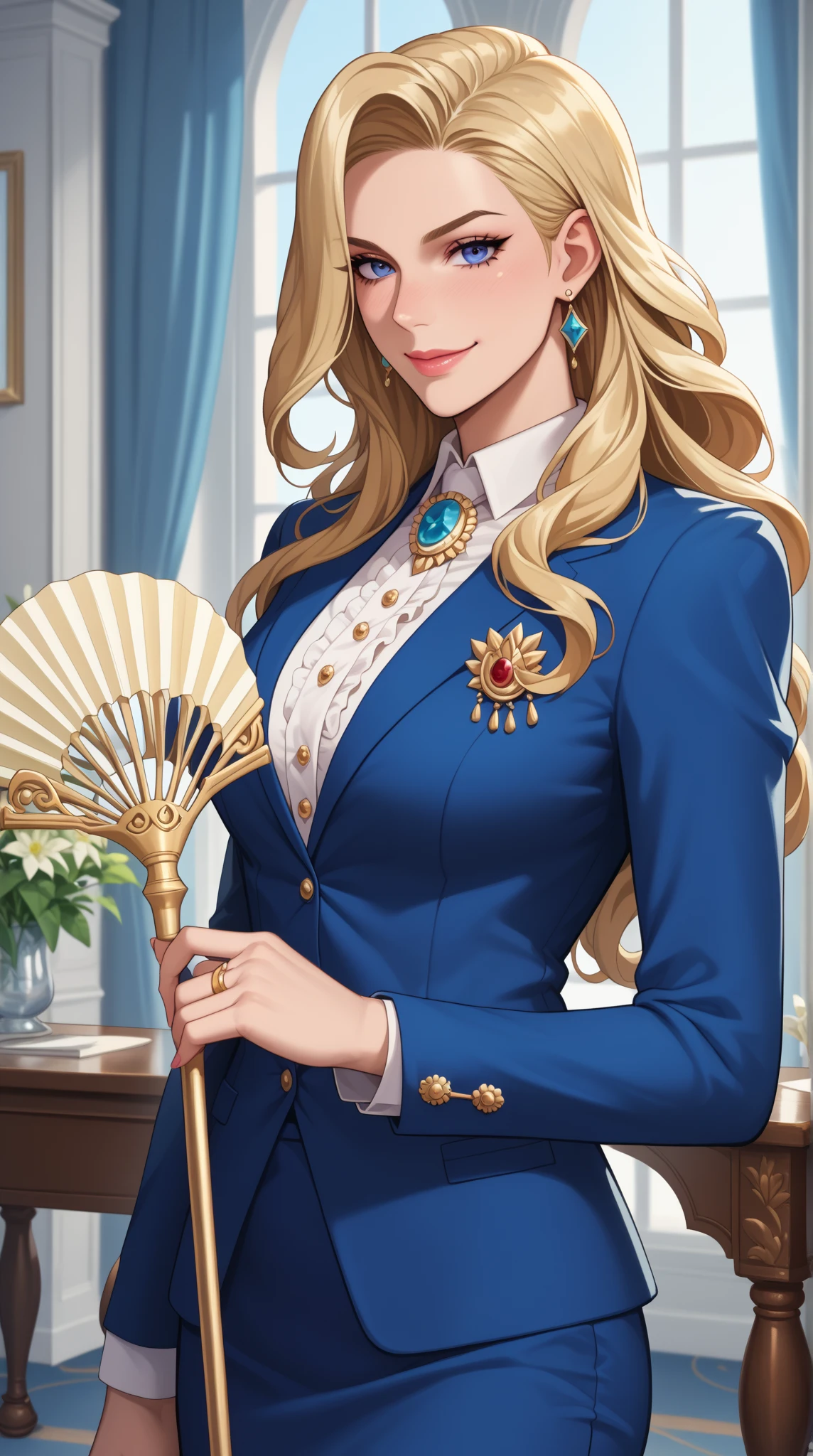 Beautiful and blond, mature, dressed up for a daye