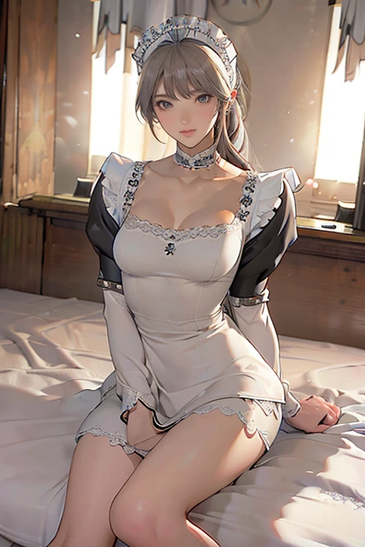 top-quality、Full limbs、complete fingers、(1 beautiful slender woman:1.5),(ideal ratio body proportions:1.5), beautiful detailed face, perfect feminine face,Small and beautiful eyes,Droopy eyes, gray eyes,sweat、Slender beauty、straight haired、silver hair、(german maid uniform:1.8 )、(coverd nipples:0.5)、(very skinny beauty:1.5)、cleavage、 White pantyhose、used condom、vulgarity、spoken heart、(tan:1.5)、(show off armpit:-0.0), (sitting on the husband's bed:1.8),(1 husband:1.5),