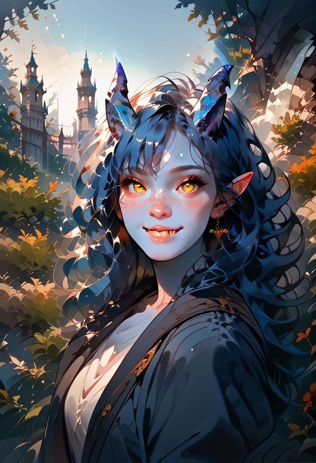 Adult female tiffling ,  with long dark blue hair,  long hair,  tail,  yellow eyes , blue skin,  little blue horns .  A small loving smile , tower background .