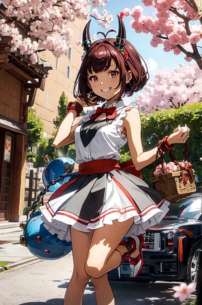 an anime style girl chained up with chains around ankles and feet and holding a bottle, 1girl, ibuki suika, solo, cherry blossoms, horns, bow, red bow, long hair, tree, skirt, shirt, chain, cup, smile, sakazuki, gourd, sleeveless, wrist cuffs, hair bow, white shirt, horn ornament, orange hair, ribbon, sleeveless shirt, in tree, grin, looking at viewer, holding, red bowtie, horn ribbon, outdoors