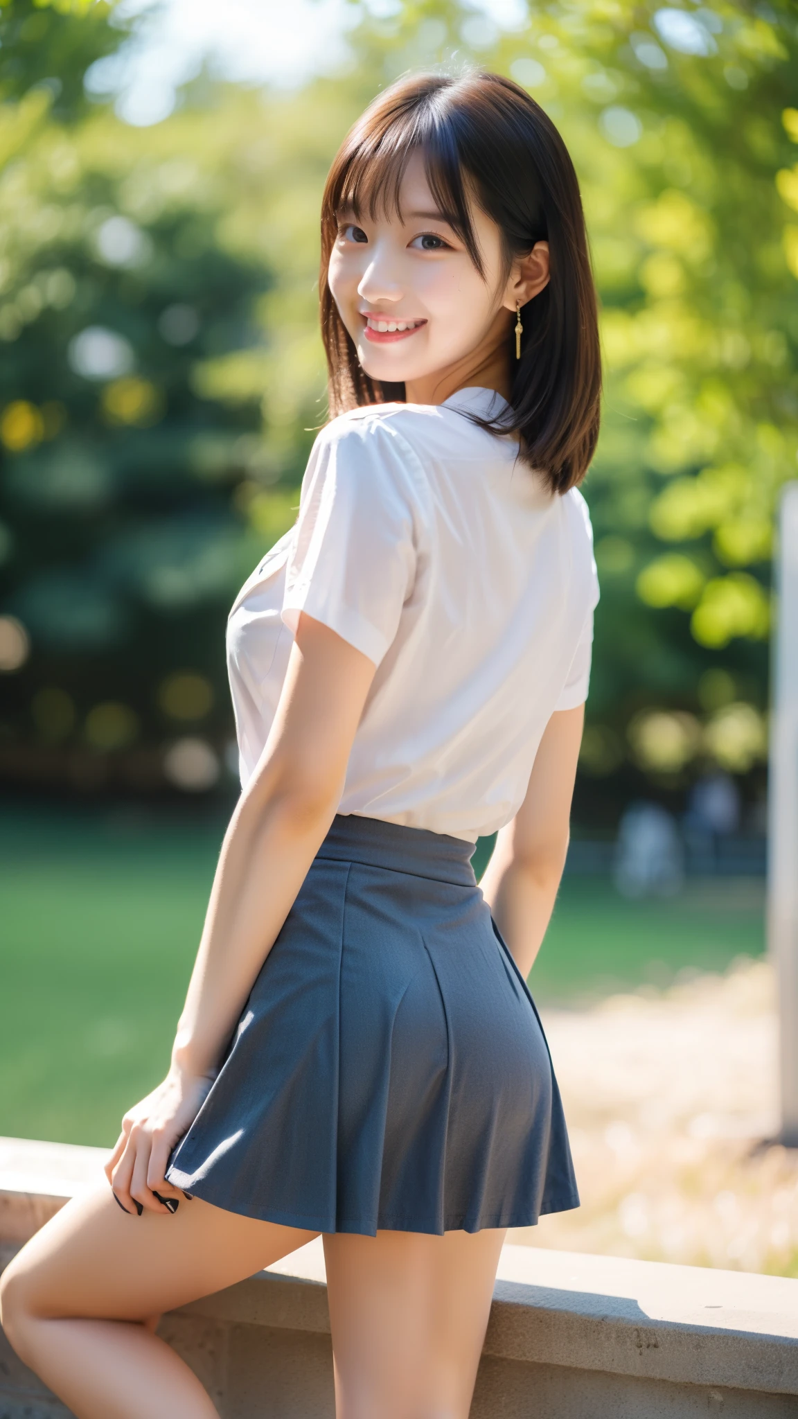 (Look back:1),(((spread your legs))),((Wearing a skirt:1.1)),Around town,Outdoor,bench,((Wearing a shirt:1.2)),A female college student, cleavage, looking at camera,smile, 22 years old, shorter hair、bangs、 cute earrings,Bright sunlight, top quality ,4K, real,live-action, Perfect Body , detailed skin, best shot