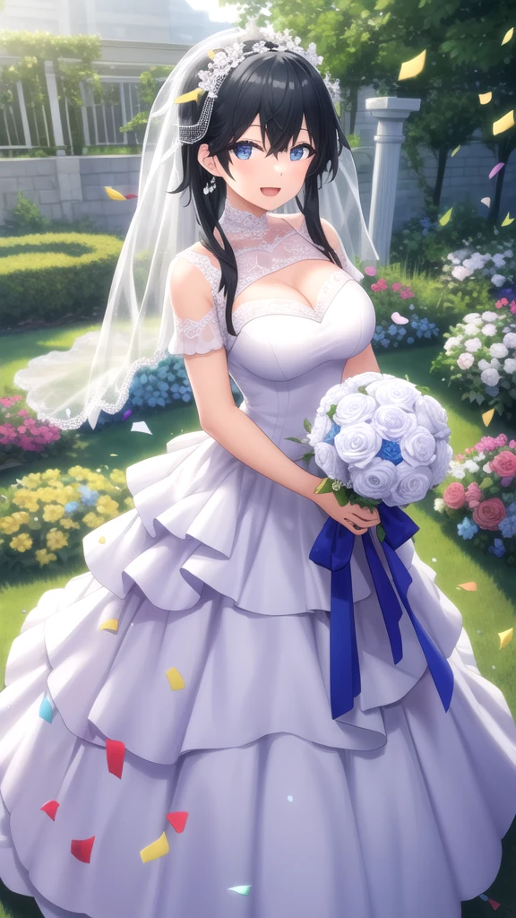 masterpiece, best quality, high quality, girl, solo, looking at viewer, masamune_makabe, black hair, blue eyes, large breasts, wedding Dress, standing, garden, confetti, holding bouquet, smile, open mouth,