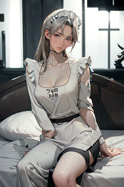 top-quality、Full limbs、complete fingers、(1 beautiful slender woman:1.5),(ideal ratio body proportions:1.5), beautiful detailed face, perfect feminine face,Small and beautiful eyes,Droopy eyes, gray eyes,sweat、Slender beauty、straight haired、silver hair、(german maid uniform:1.8 )、(coverd nipples:0.5)、(very skinny beauty:1.5)、cleavage、 White pantyhose、used condom、vulgarity、spoken heart、(tan:1.5)、(show off armpit:-0.0), (sitting on the husband's bed:1.8),(1 husband:1.5),