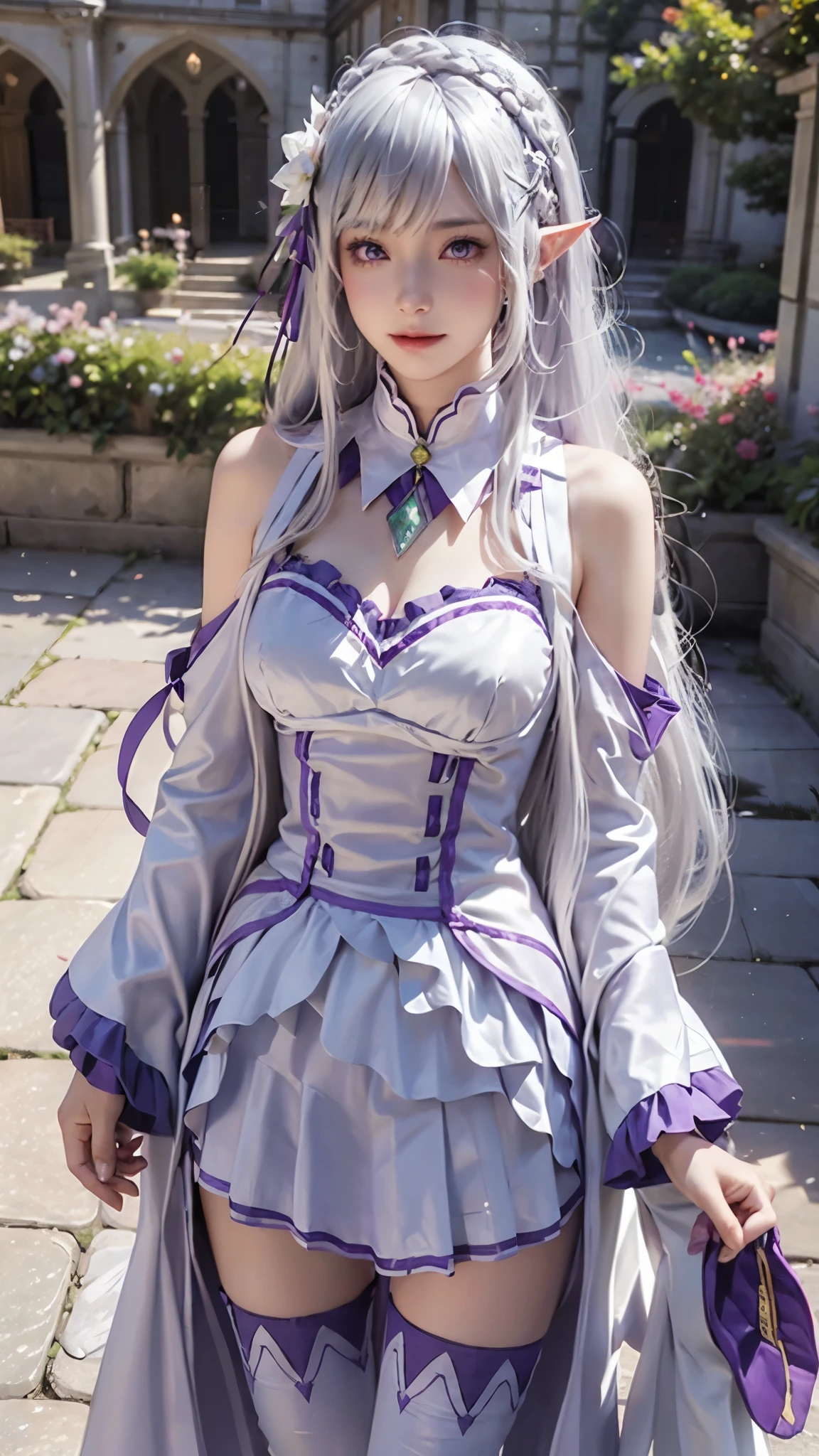 Landscape of a very beautiful woman, (cowboy shot), (front focus), (background Blur), Bokeh, photography with Fujifilm XT3, depth of field, film grain, female focus, Emilia/(Re : Zero Kara Hajimaru/), anime style, (((walking at castle courtyard)))!!!, full of flower, green grass, freshness, looks at the camera with beautiful light purple eyes, Ultra detailed eyes, (Beautiful light purple eye's like amethys :1.40)!!, Stars in her fixed eyes, (homochromatic eyes)!!!, ((crown braiding hair))!!!, elf ears, happy smile, close mouth, (Blush)!! Perfect nose, Cute little nose, Earrings, beatiful face, Face Clean, realistic Skin, hyper realistic, Perfect eye shadow appear through hair, silver hair between eyes, silver hair bangs, (ultra shine silver hair)!!, (lenght straight hair)!!, hair flower, hair ribbon, flower pattern, purple ribbon ((dynamic composition)), detached sleeves, /(((wear original costume of Emilia/)))!!!, vivid color clothes, detailed realistic clothes, moderate round medium breasts, (moderate round medium breast covered with silk lace)!!, breast cleavage, open skirt, slim legs, smooth thighs cleavage, Best Quality, Masterpiece, Ultra-detailed, Beautiful, hight resolution, Original, CG 8K, perfect photo, dramatic lighting, Beautiful lighting, (Realistic fantasy art), Realistic, Full HD, Best Quality, winning award, (8k wallpaper of extremely detailed CG unit), High Details, sharp-focus, The art of dramatic and photorealistic painting, ((In castle courtyard)), full of flower, green grass, majestic garden, dynamic composition, breathtaking rendering