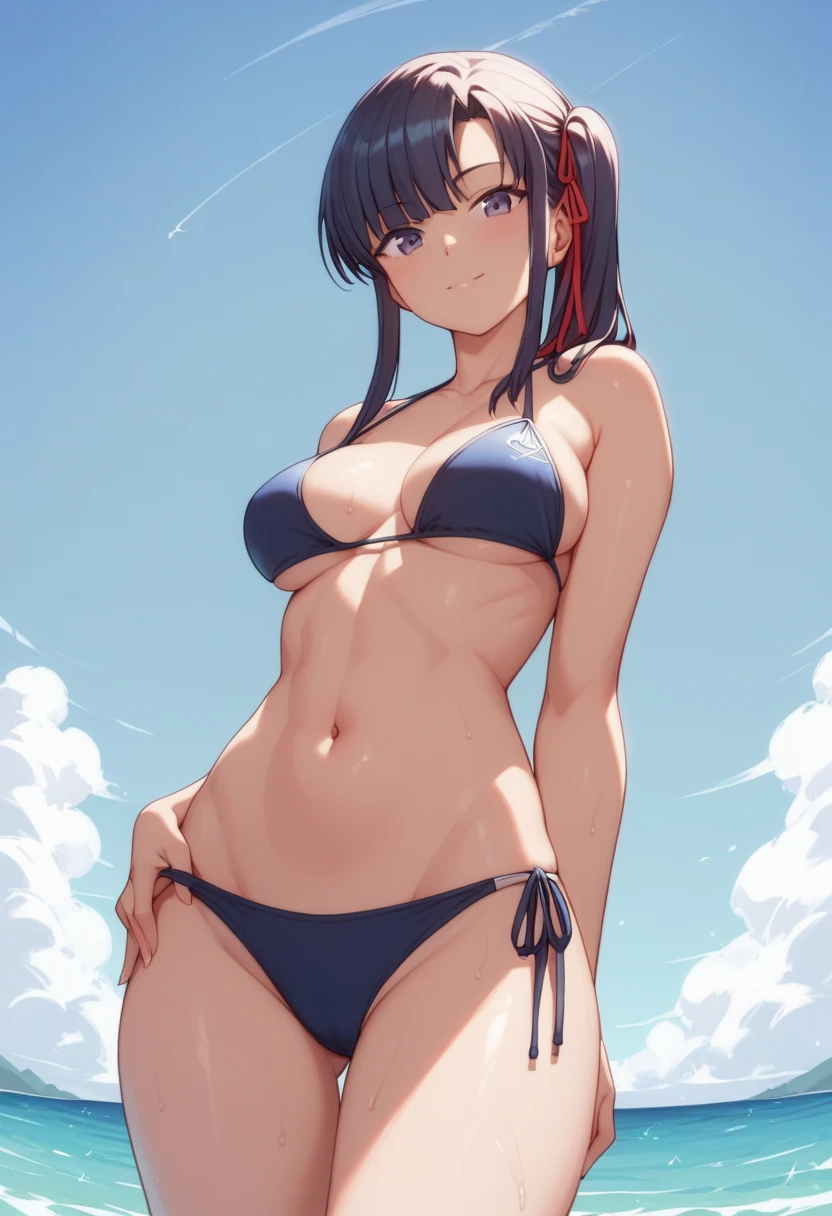 Sakura : On the beach in a bikini. , Standing up looking at me.