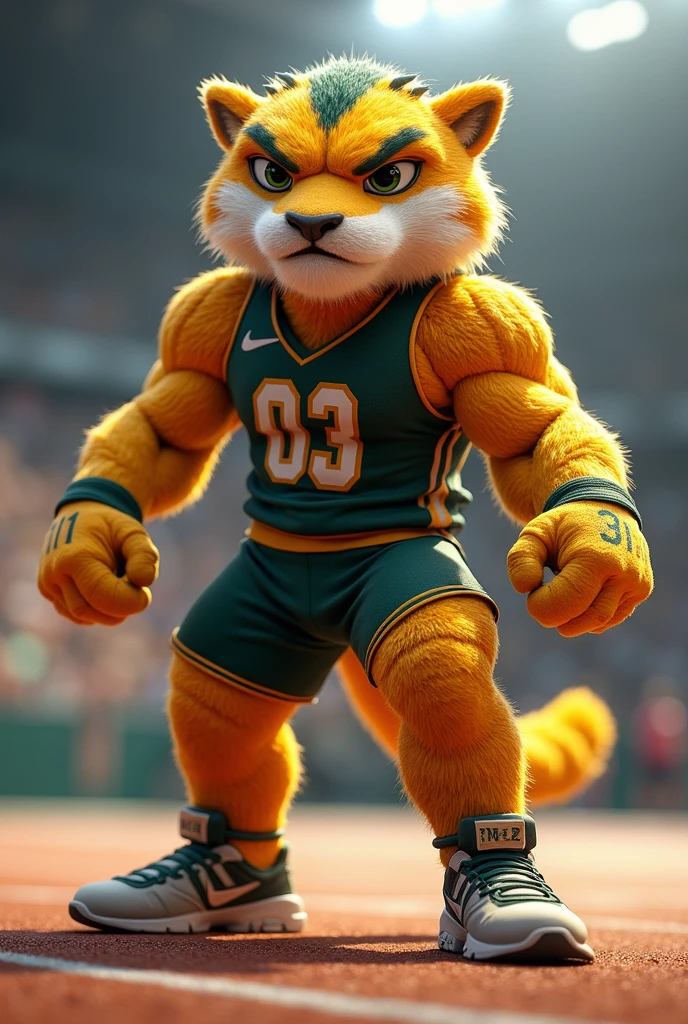 Alex the Lion, muscular body, big biceps, extremely beautiful and cute face, perfectly detailed blue eyes with perfectly detailed pupils, wears green sports jacket, nike sports shorts, sports sneakers, sports ground background, selfie, gentle look, cute smile