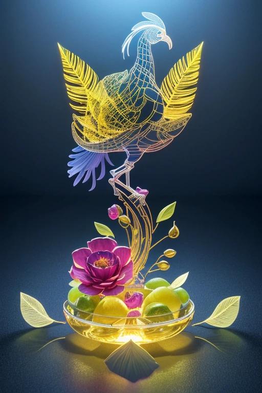 3D luxurious neon transparent pheasant and luxurious neon transparent multi-layered three-dimensional ternoplum flower with fruits with skeletonized petals on a sapphire stalk with skeletonized leaves with yellow glowing veins on a blue-gold patterned textured background.