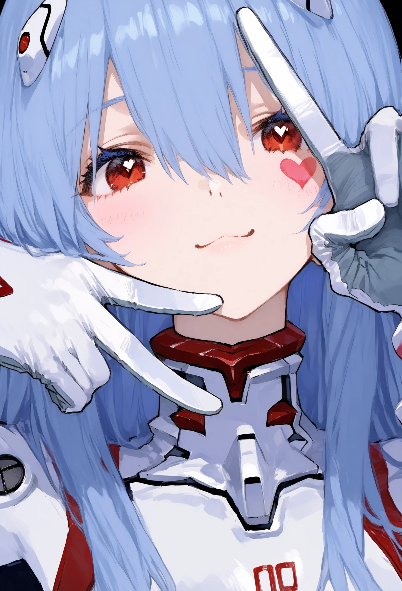  top quality , masterpiece,   748cm style  ,   1 girl, Heart face mark  , v over eye  ,,     Neon Genesis Evangelion 、 Rei Ayanami、 blue hair、 long hair、 red eyes、White plug suit、smile、  raise your hand, fingertip 、  upper body、