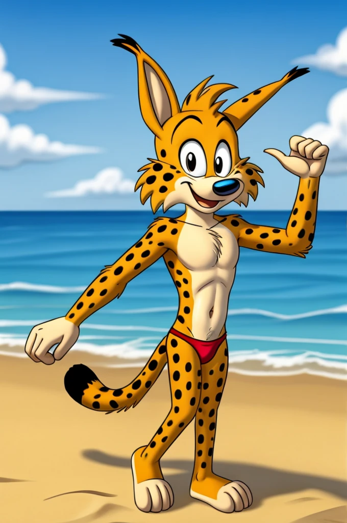 Lynx cartoon guy full length slim skinny in red speedo on the beach with a happy face striped tail