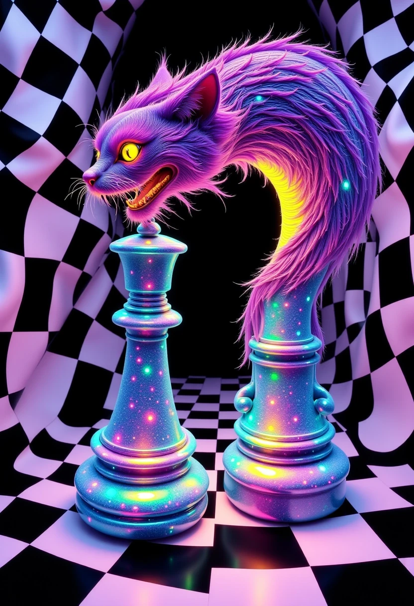  Alice in Wonderland characters as oversized, ornate chess pieces, frozen in mid-move, on a massive, translucent, black and white checkered board that seems to dissolve into the surrounding air, the Cheshire Cat's mischievous, fluorescent grin hovering above, its vibrant, glossy colors seeping into the environment like watercolors on wet paper, distorting reality, as inspired by the surrealist masterpieces of Salvador Dali's paradoxical landscapes, Rene Magritte's witty, trompe l'oeil illusions, and Giorgio de Chirico's eerie, metaphysical architecture, with bold, fantastical, and illogical elements blending seamlessly together, melting, merging, and morphing into each other, creating a dreamlike atmosphere of wonder, curiosity, and unsettling enchantment.