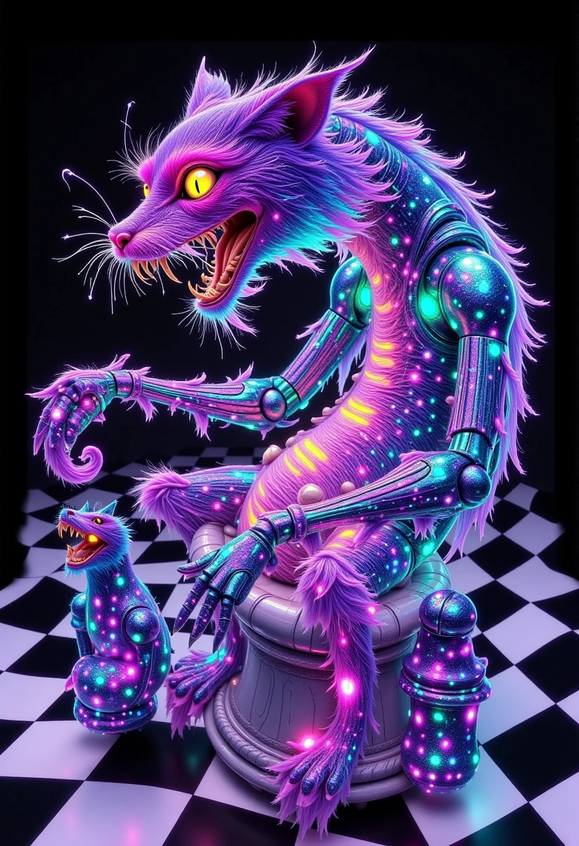  Alice in Wonderland characters as oversized, ornate chess pieces, frozen in mid-move, on a massive, translucent, black and white checkered board that seems to dissolve into the surrounding air, the Cheshire Cat's mischievous, fluorescent grin hovering above, its vibrant, glossy colors seeping into the environment like watercolors on wet paper, distorting reality, as inspired by the surrealist masterpieces of Salvador Dali's paradoxical landscapes, Rene Magritte's witty, trompe l'oeil illusions, and Giorgio de Chirico's eerie, metaphysical architecture, with bold, fantastical, and illogical elements blending seamlessly together, melting, merging, and morphing into each other, creating a dreamlike atmosphere of wonder, curiosity, and unsettling enchantment.