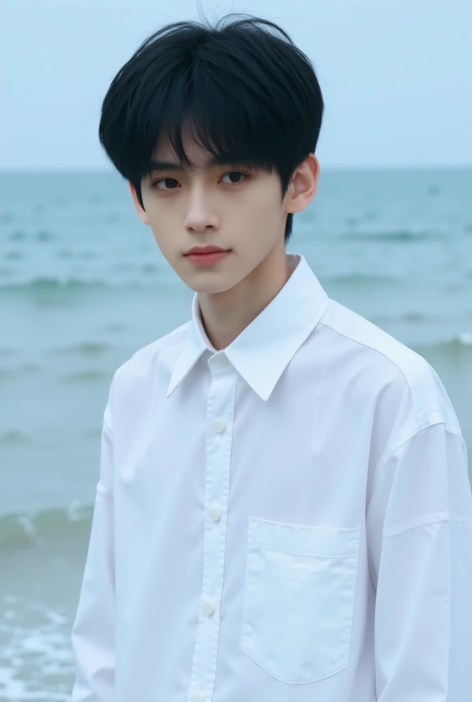  unique ,  1 boy,  male focus, shirt, Black Hair, white shirt,  actual , collared shirt,  upper body, water,  View audience , black eyes, Long sleeve, {{ocean}}, beach, Short hair, outdoor，Actively face the audience