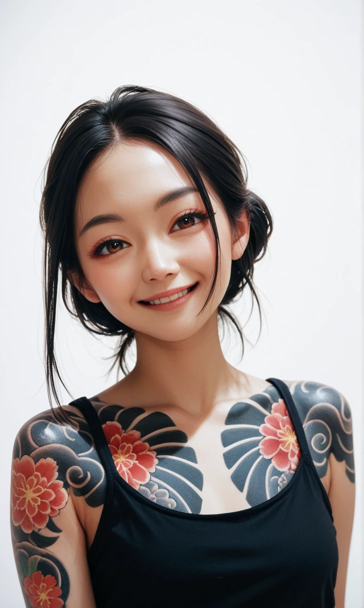 score_9, score_8_up, score_7_up, r1s0, 1girl, japanese girl, gentle smile, brown eyes, whole body tattoo, traditional japanese tattoo, detail face, black hair, charming girl, sweet face, beautiful eyes, white background, tank top