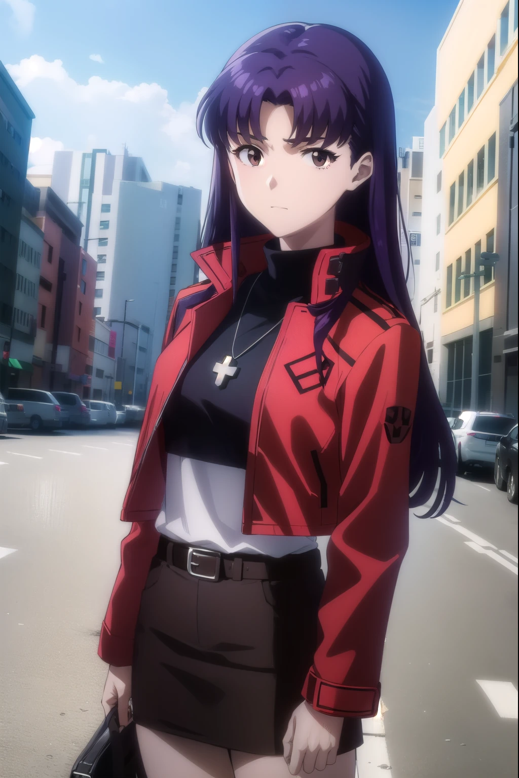 marimakinami, <lyco:misato katsuragi rebuild-lyco-nochekaiser:1>,
misato katsuragi, long hair, (brown eyes:1.5), (purple hair:1.2), (parted bangs:1.5),
BREAK skirt, jewelry, jacket, belt, necklace, uniform, cross, red jacket, pencil skirt, cross necklace, red skirt, black shirt, turtleneck, cropped jacket,
BREAK outdoors, city, sky, clouds, sun,
BREAK looking at viewer, (cowboy shot:1.5),
BREAK <lyco:GoodHands-beta2:1>, (masterpiece:1.2), best quality, high resolution, unity 8k wallpaper, (illustration:0.8), (beautiful detailed eyes:1.6), extremely detailed face, perfect lighting, extremely detailed CG, (perfect hands, perfect anatomy),