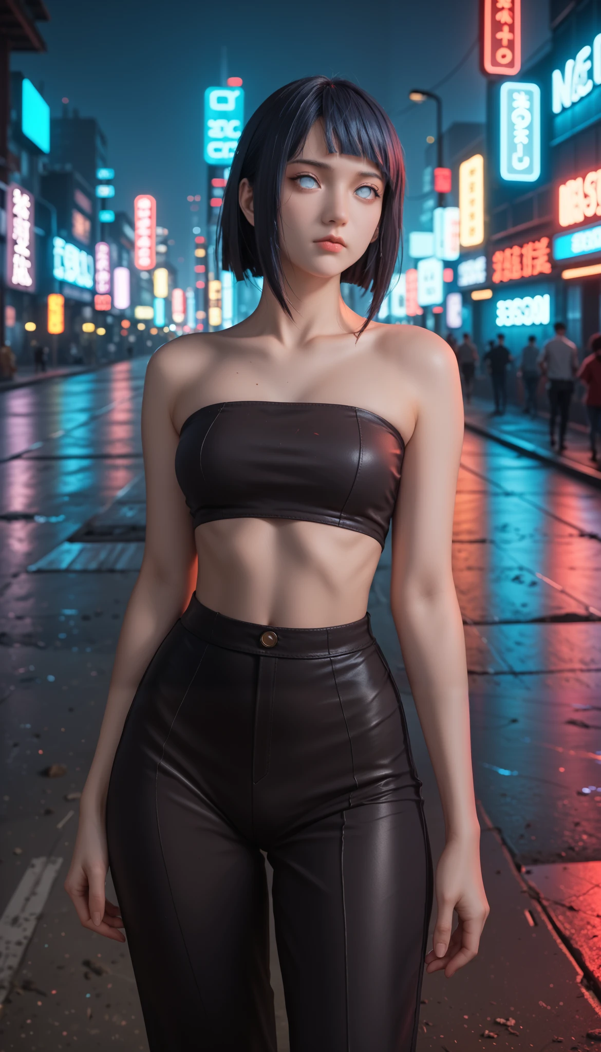         a detailed and beautiful portrait of a -yeld Jaese girl,      medium breasts, with healthy appearance , sexy expression,        tight clothing  , Bold poses ,        detailed embroidery       ,  belly out , Tube top, love league,        high quality, 8k,        photorealistic     ,        dramatic lighting    ,        vivid colors       ,(       masterpiece       ,         top quality       ,  :1.2),  (       cyberpunk urban scene illuminated by neon lights         ), (Alone:1.4), (      Elegant and cool    ),  (      Bright neon details        :1.3), (      serious expression       :1.1), (      Confident and relaxed poses          :1.3),  holographic for outdoor use     , (       dynamic lighting       ,   Strong contrast ), (  bare arms,  damaged : Hinata of Naruto, sexy clothes,   clothing of the character Hinata Naruto ,  full body 