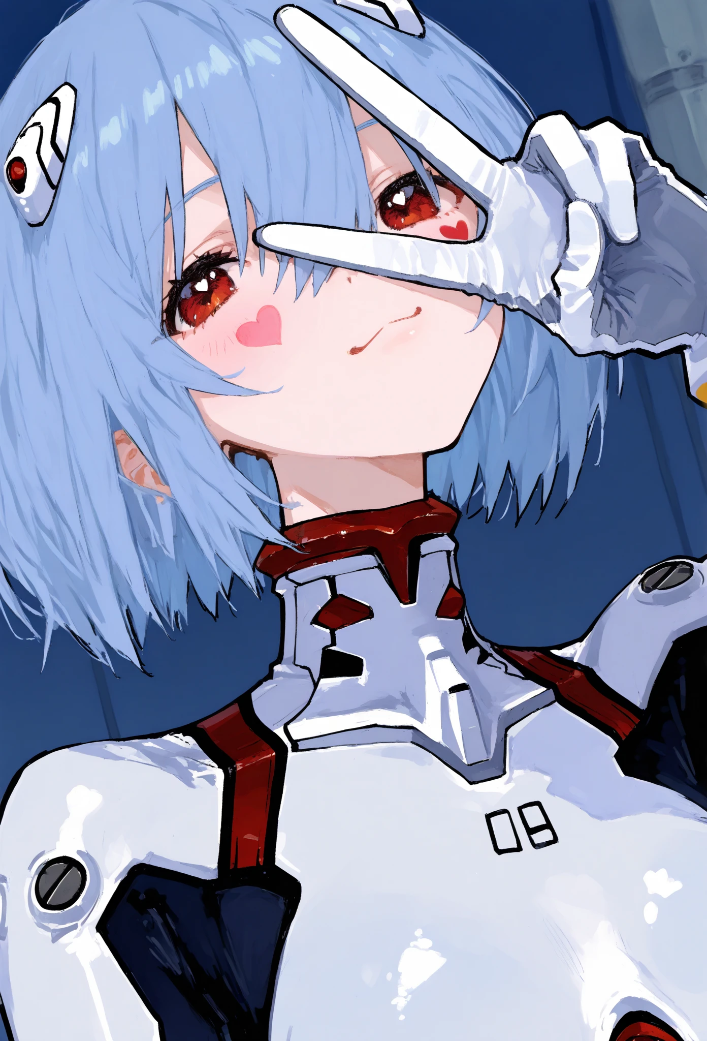  top quality , masterpiece,   748cm style  ,   1 girl, Heart face mark  , v over eye  ,,     Neon Genesis Evangelion 、 Rei Ayanami、 blue hair、 short hair、 red eyes、White plug suit、smile、  raise your hand, fingertip 、  upper body、