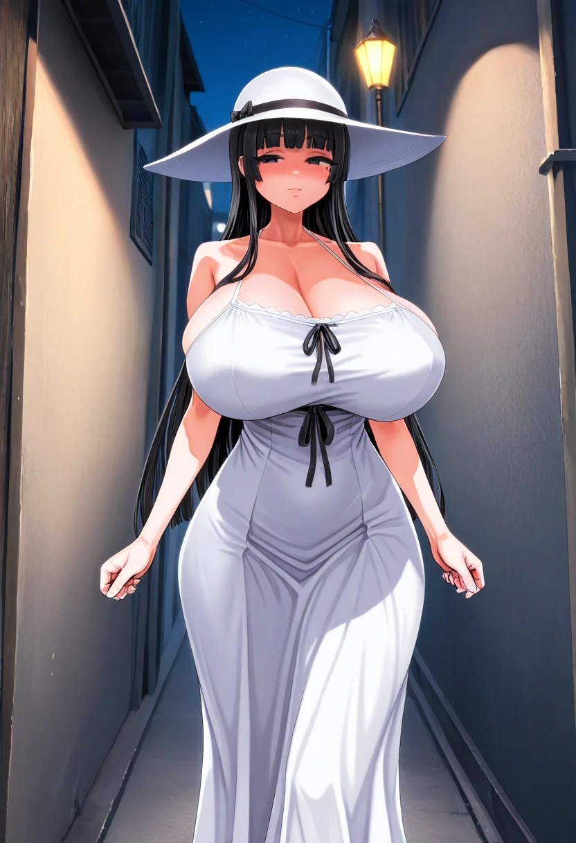 ((1 girl)), solo, ((tall girl)), Hasshakusama, black hair, long hair, hime cut, black eyes, Round eyes, half-closed eyes, tareme, longeyelashes, (mole under left eye), calm, asanagi, ((huge breasts)), white wide-brimmed hat, ((white summer dress)), sexy body, good quality, (masterpiece), dark_fantasy, night,street lamp, alley, street,