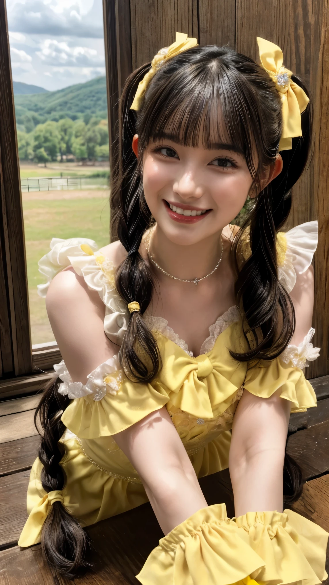 (realistic, photo-realistic:1.2), (masterpiece, best quality), high resolution photograph, extremely detailed, intricate details, sharp details, sharp focus, professional lighting, solo, 1girl, a 19 year old Japanese female idol, full body, slim body, tiny breasts, (princess dress, frilly yellow dress, puff sleeves, yellow ribbon), strapped heel-sandals, (dark hair, shiny hair, pigtails hair, straight hair, blunt bangs, hair scrunchie:1.2), (beautiful detailed face, extremely detailed eyes, beautiful detailed nose, beautiful pupils), (cheerful grin), pale skin, fine-textured skin, (choker, jewelry), posing for gravure photography, dynamic pose with movement, photo background, indoors, outdoors, blue sky and clouds,,,