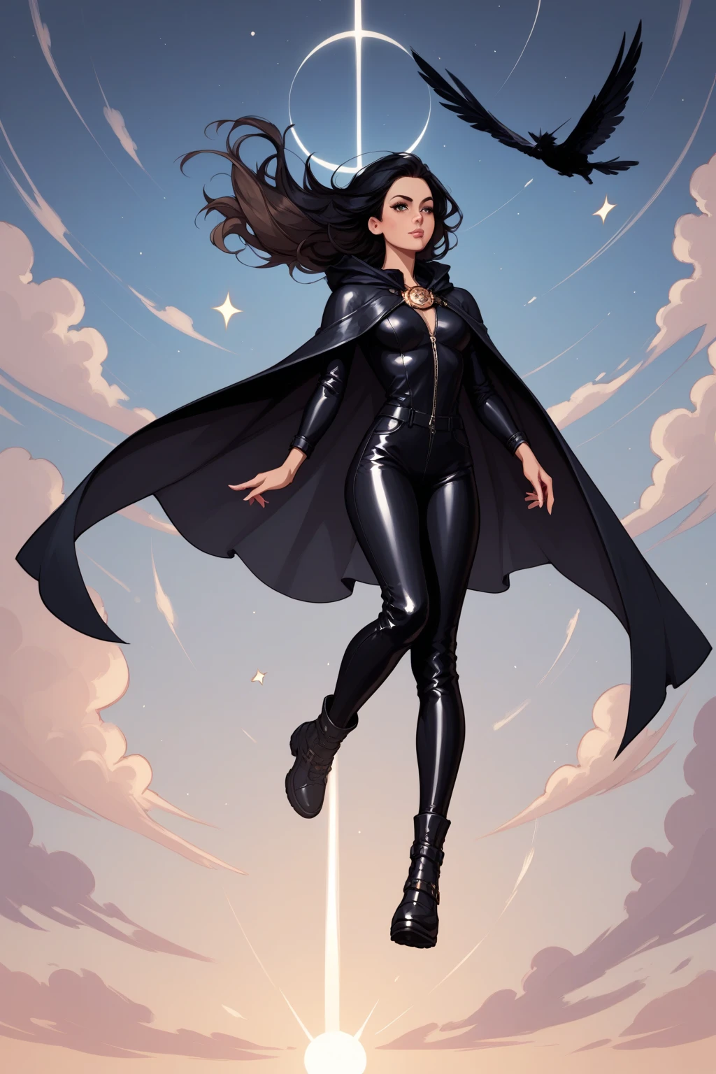 score_9, score_8_up, score_7_upLatina with light brown skin, long black hair, black jumpsuit black sun symbol, black galaxy flying cape

