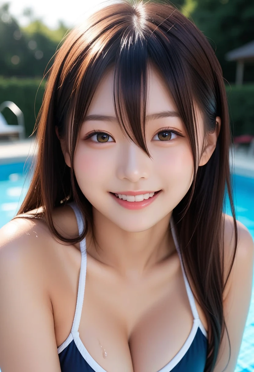 A highly detailed, photorealistic snap portrait photograph of a Japanese woman with a natural, candid expression, (lighting), Sony A7R IV, 1 Girl, (Best quality:1.3), nakano miku, brown long hair, hair between eyes, large round breasts, one-piece swimsuit, soaking wet:1.3, smiling, swimming pool, (pov)