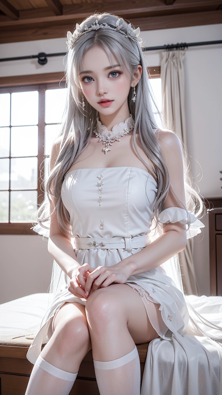 ((Top quality、8K、masterpiece:1.3))、Very pretty beautiful girl,full-body shot,Huge breasts,Breast enlargement,Amazing breast size,G cup。Wear big earrings,The skin is so white,Hydrating red lips,Very thin waist,Very thin thighs,Big Ass,Fair and smooth skin,Smooth and fair skin,Flawless skin,Fair and shiny skin,Cool white skin,Camera focuses on breasts,Bright Light,White tube top dress,Bare shoulders,White hair,The hair is gray,Blizzard,Snow Mountain,Sunset,Rizhao Jinshan,Happy
