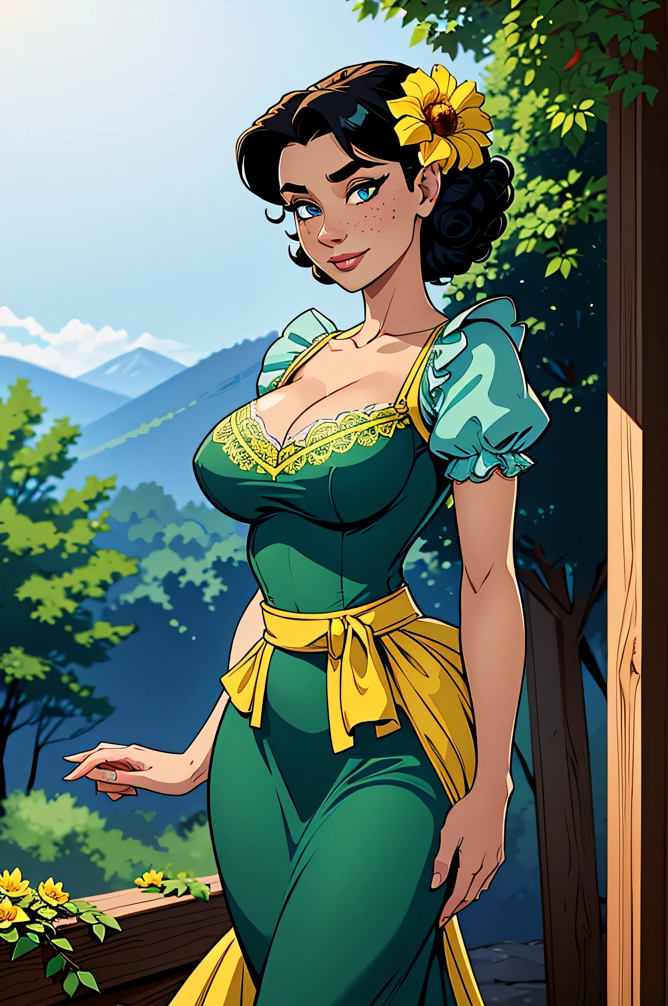 ( absurd, high quality, ultra detailed , watch out for your hand ) Close-up of a thin woman, busty and athletic , 25 years, 8k (( high definition )), mysterious smile closer to , seductive look, Blue Eyes, nose fine, wearing a long green dress (( with a V-neck with yellow lace and short puffy sleeves )), white belt, arms positioned on the sides of her body, white skin , black hair (( curly and short )), walking in a forest (( upper body )), with freckles on the neck and breasts (( close no decote )), large round breasts (( a flower between the breasts )). Marvel style (( high quality )), forest in the background.
