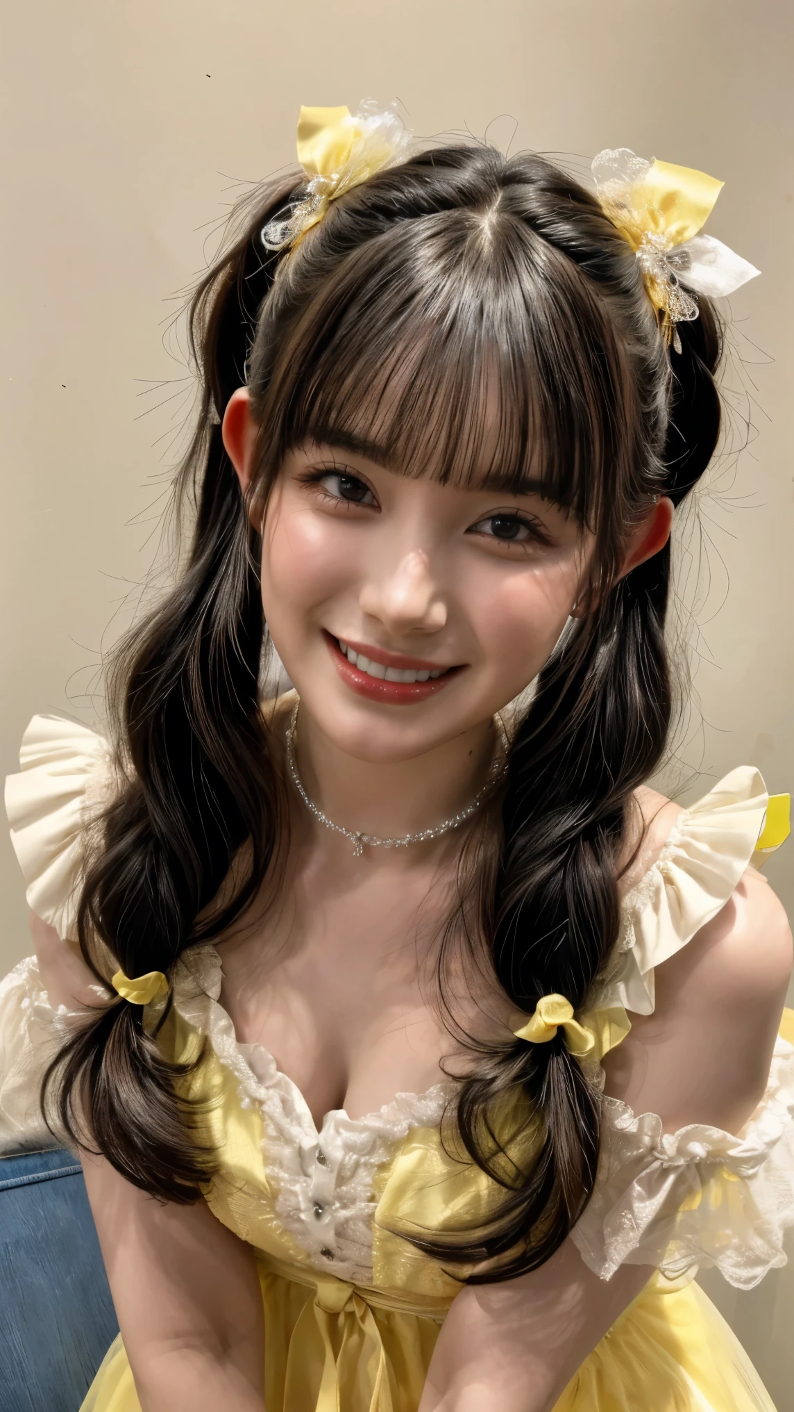 (realistic, photo-realistic:1.2), (masterpiece, best quality), high resolution photograph, extremely detailed, intricate details, sharp details, sharp focus, professional lighting, solo, 1girl, a 19 year old Japanese female idol, full body, slim body, tiny breasts, (frilly yellow dress, princess dress, seductive dress, open chest, puff sleeves, yellow ribbon, choker, jewelry), ankle strap heel-sandals, pale skin, fine-textured skin, shiny skin, (dark hair, shiny hair, pigtails hair, straight hair, blunt bangs, hair scrunchie:1.2), (beautiful detailed face, extremely detailed eyes, beautiful detailed nose, beautiful pupils), (cheerful grin), (standing leaning forward, face focus), photo background, indoors, outdoors, blue sky and clouds,,,