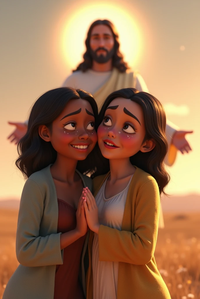 Create pixar image of two different women holding each other's hand far away crying and smiling with Jesus Christ in the background