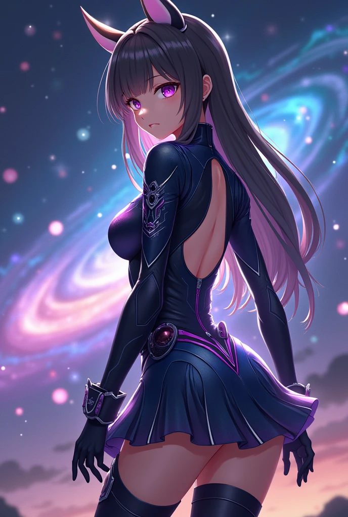 (masterpiece, top quality, best quality, official art, beautiful and aesthetic:1.2), 1girl, glitch art, (digital distortion), pixelated fragments, Masterpiece, slim model, 28 years old, staring at the sky, galaxy backdrop, sunset horizon