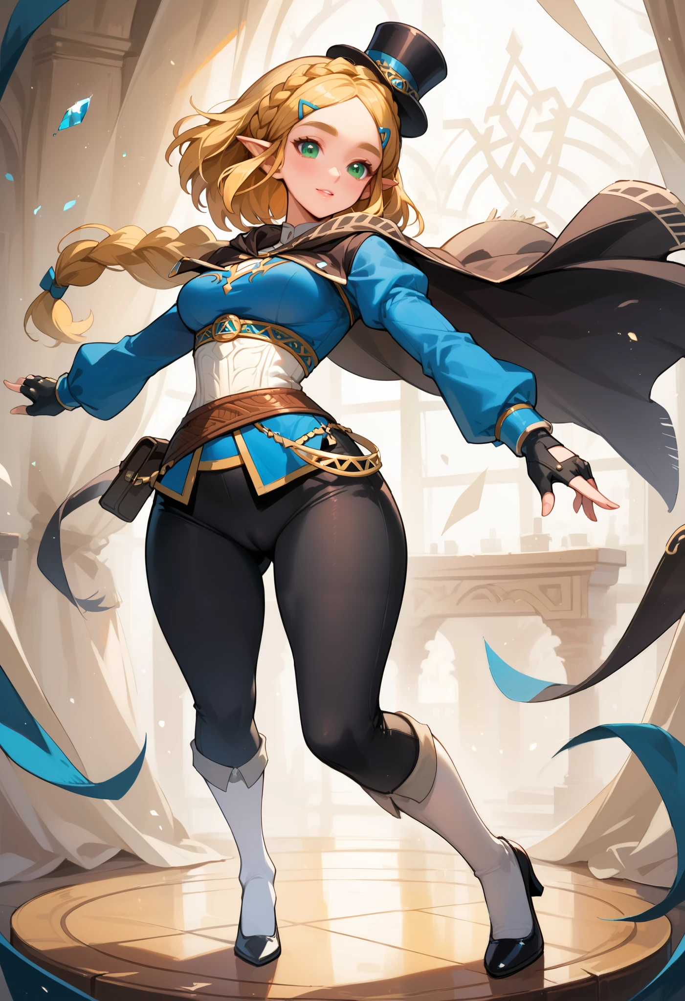 (extremely fine and beautiful:1.1), (perfect details:1.1), (finely detailed eyes and detailed face:1.3), ZeldaSDXL, Princess Zelda, narrow hips, medium breasts, slender thighs, small ears, pointy ears, braid, hair ornament, hairclip, gloves, black gloves, fingerless gloves, blue shirt, shirt, long sleeves, crown braid, bangs, green eyes, parted bangs, pants, black pants, blonde hair, short hair, long hair, cape, sidelocks, hood, thick eyebrows, jewelry, hooded cape, belt, tight pants, tight, puffy sleeves, ( lost path), black Mary Jane tap heels, with white socks, while tap dancing on stage, black top hat on her head, black cane to tap dance with, showing her pussy, full body