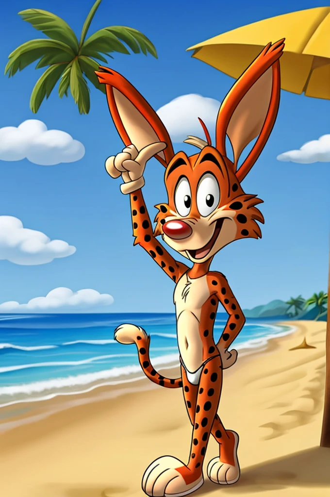 Lynx cartoon guy full length slim skinny in red speedo on the beach with a happy face striped tail