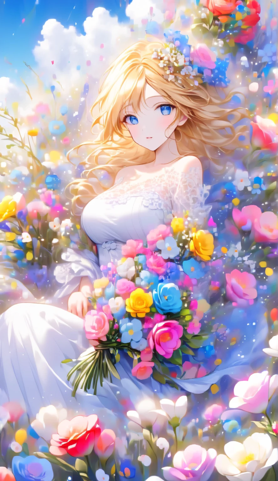 Score 9 Up,Score 8 Up,Score 7 Up,(Best Quality),((Masterpiece)),Anime, "A pretty girl, dressed in gorgeous clothing, is sitting in a vast flower field. She is holding a colorful bouquet, and in the background is a blue sky with floating white clouds." Blue Eyes I'm in a Flower Field. (Best Quality),(Perfect Makeup),(((Shiny Skin))) An anime-style figure is depicted with a long, detailed beautiful face and eyes,(Blue Eyes )(Looking at the viewer)(Large Breasts) Flowing Blonde Hair. The figure is wearing an off-the-shoulder dress with intricate lace and floral patterns. The overall scene has a dreamy atmosphere of a fantastical moment. In the background is a blue sky with floating white clouds. The sky has rainbow-colored snowflakes and light particles floating in the air、raw photo:1.2, masterpiece, highest quality, 16k, unbelievably absurd, very detailed, perfect beauty, beautiful  girl bride with holding roseis bouquet: 1.2,vibrant colors illustration, speech bubble (meow❤hearts)detailed beautiful face and eyes，(Big breasts)(blue eyes )(looking at viewer)