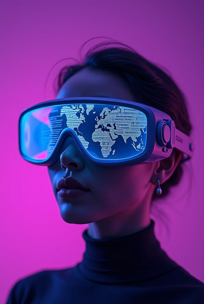 create an image of translator lenses , who has a text globe showing that they are translating another language, with a purple background but that does not show the face of a person