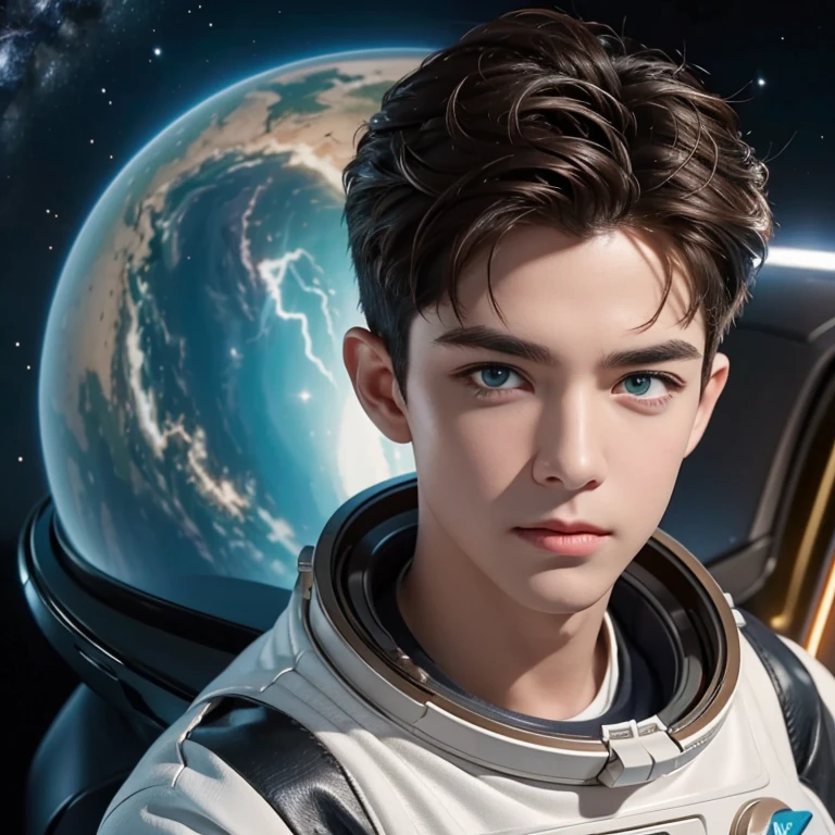  boy, from another planet  , the boy has beautiful eyes  ! very short brown hair,  emerald eyes , on a starry background - the Milky Way galaxy, Flashes, lightning , quasar, A huge Saturn  ! У него в руках изумрудный кристалл из которого вылетают lightning, portrait photo in an astronaut's spacesuit,  top quality  !