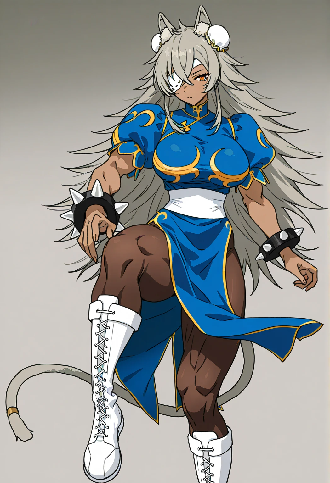 (best quality,4k,8k,highres,masterpiece:1.2),ultra-detailed,(:1.37),ghislaine dedoldia,animal ears,white hair,standing,,full body,boots,warrior,choker,fur trim,large breasts,abs,muscular woman,,pants,flipflops, full body flipflops, martial art, pullover, kimono