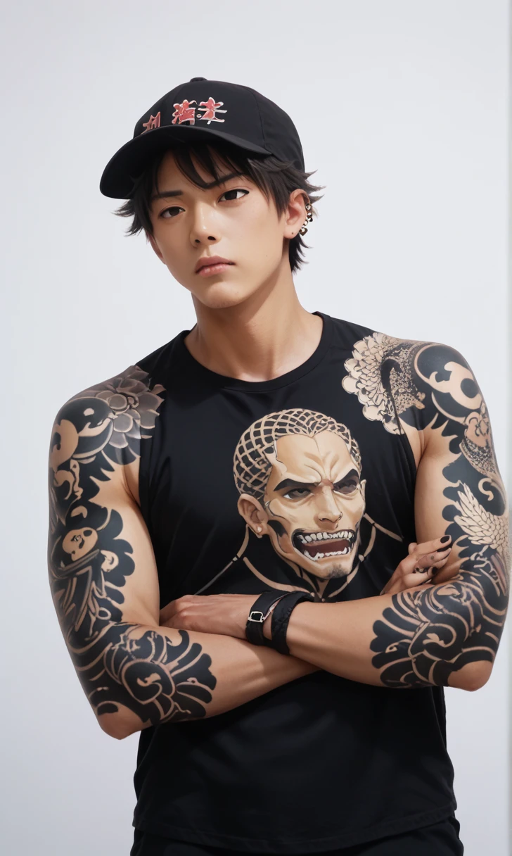 score_9, score_8_up, score_7_up, r1s0, 1boy, Asian boy, black eyes, whole body tattoo, traditional japanese tattoo, detail face, black hair, charming boy, black baseball cap, black shirt, white background